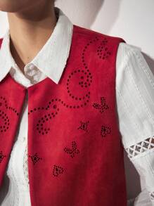 Maija Bohemian-Stil Herbst Rot Cut Out Handwerks Vintage handgefertigte Westen Jacke mit Quaste Saum für Frauen