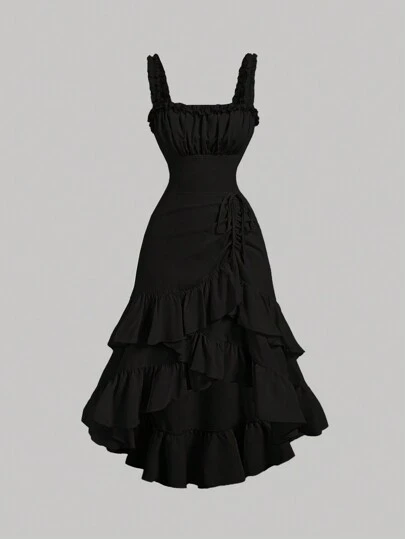 SHEIN MOD فستان نسائي منقوش بكشكش له هيم بلون المشمش ، ملابس كاجوال للخريف المبكر