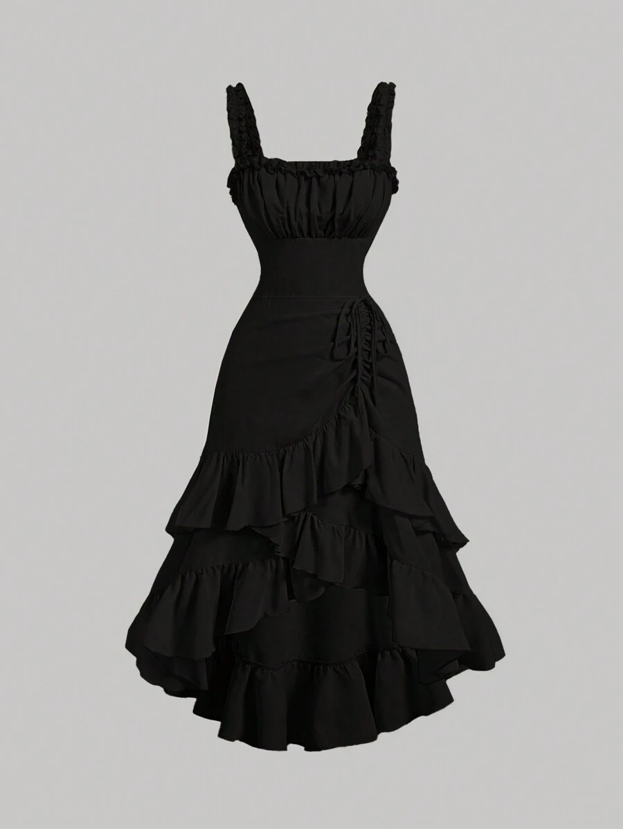 SHEIN MOD 杏色复古荷叶边下摆女式连衣裙，初秋休闲装 - 黑色 - 查看 1