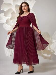 Modelyn Elegant Plus Size Pleated Poncho Sleeve Midi Dress