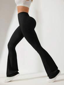 Easithlete Solid Color V-Waist Flared Leg Tight Fit Sports Pants, Suitable For Yoga & Outdoor Activities