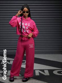 Bộ 2 áo hoodie crop top họa tiết chữ cho bé gái tuổi teen và quần dài ống rộng rộng rãi - Màu Hồng Tươi - Xem 6