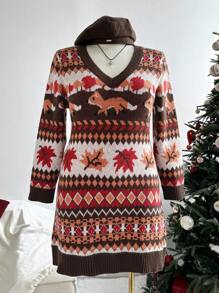 Sunnyshic Plus Size Casual Jacquard Pattern Christmas Sweater Dress, Suitable For Thanksgiving, For Winter - Multicolor - View 4