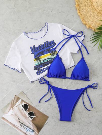 SHEIN Swim Women's Solid Color Sexy Halter Tie Bikini Set With Cover-Up Top Summer