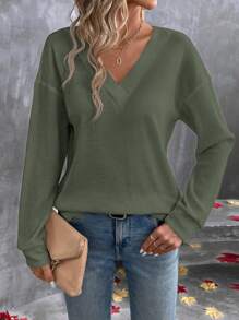SHEIN LUNE 女士纯色 V 领休闲百搭长袖 T 恤