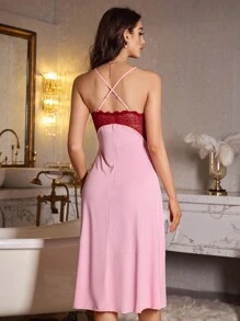 Contrast Color Lace Patchwork Rhinestone Decor Sexy Women Camisole Nightgown - Multicolor - View 4