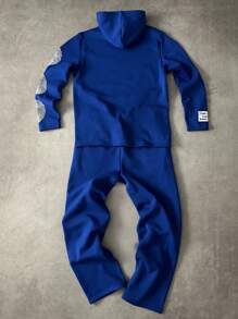 Manfinity EMRG 男士字母和棕榈印花连帽运动衫和抽绳运动裤休闲两件套服装，男士运动服 - 藍色 - 查看 2