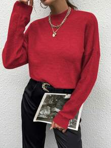 SHEIN Unity 女士宽松针织毛衣，休闲套头衫，纯色毛衣，新年秋冬款 - 紅色 - 查看 5