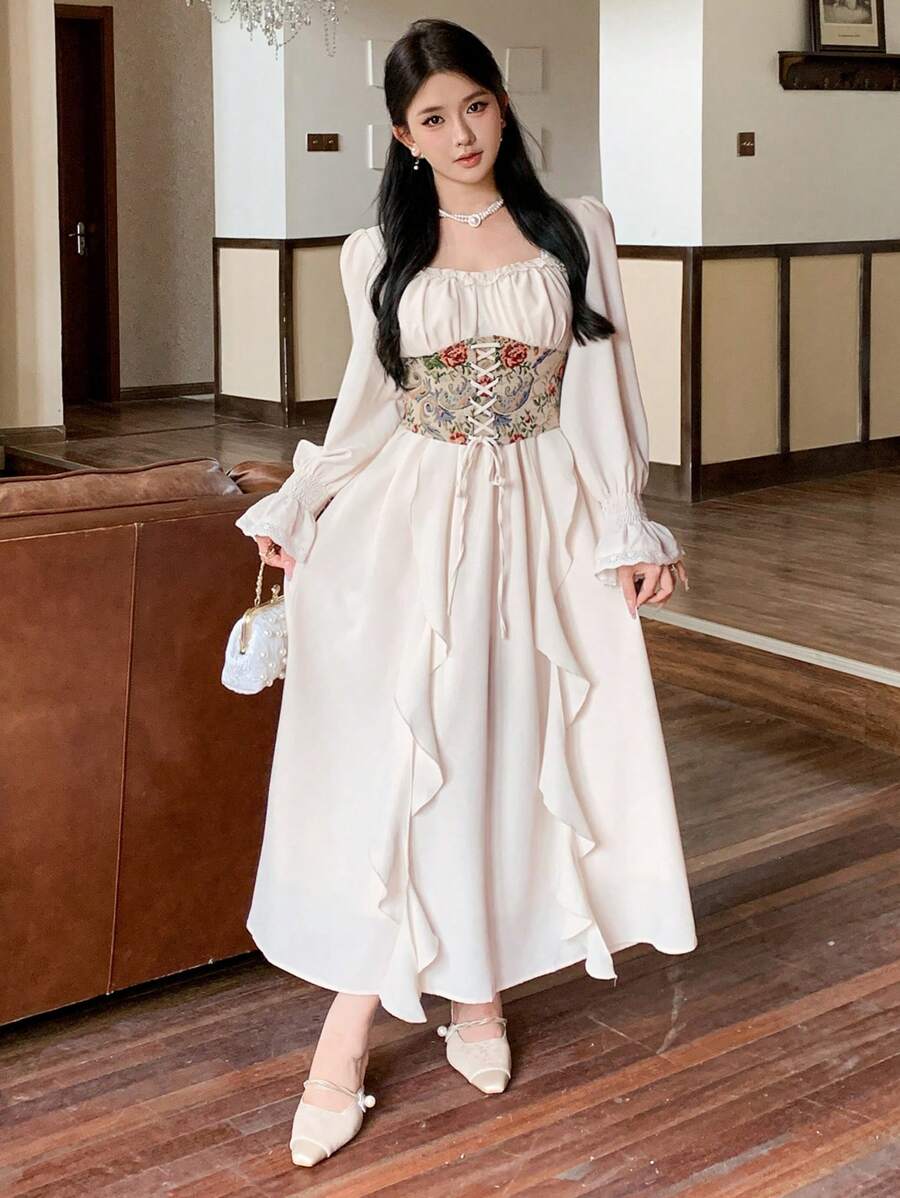 DAZY 女士秋季长袖宫廷风中长连衣裙，新年舞会礼服，荷叶边奢华优雅女装 - 米色 - 查看 1