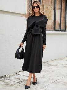Calvaya Dames Modieuze Mesh Super Bow Ronde Hals Getailleerde Zwarte Lange Mouw Splice Design Taille Uitlopende Zoom Jurk