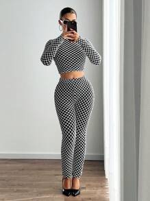 SHEIN ICON 2 件黑色网格图案 T 恤和紧身裤套装，2 合 1 服装，个性化 - 黑色 - 查看 3
