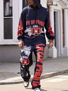 Manfinity Dauomo 2 pièces/Set Sweat-shirt et pantalon noirs graphiques pour hommes, style de rue hiphop