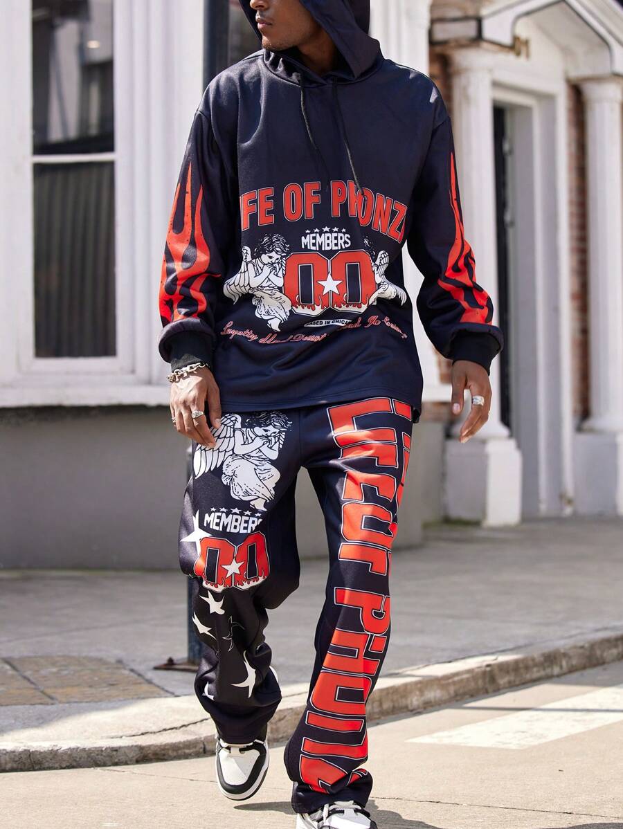 Manfinity Dauomo 2 pièces/Set Sweat-shirt et pantalon noirs graphiques pour hommes, style de rue hiphop