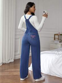 SHEIN EZwear Quần yếm denim vá chữ giặt thường ngày cho nữ/Quần yếm - Màu xanh lam - Xem 5