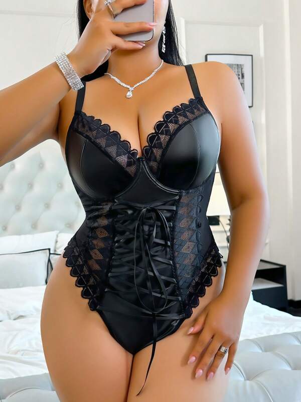 AltCore 1pc Plus Size Lace Patchwork Underwired Sexy Bodysuits