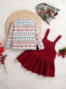 Cozy Pixies Baby Girl 2pcs Christmas Print Round Neck Long Sleeve Top And Bib Dress Set, Winter Clothes - Multicolor - View 8