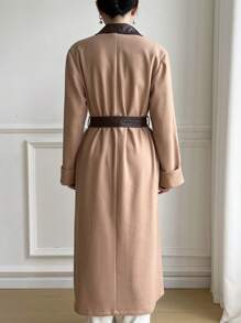 Modelyn Women Casual Contrast Color Lapel Double-Breasted Overcoat, Autumn/Winter