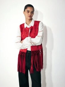 Maija Bohemian-Stil Herbst Rot Cut Out Handwerks Vintage handgefertigte Westen Jacke mit Quaste Saum für Frauen