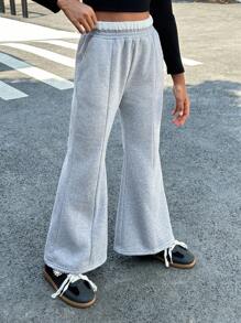 SHEIN Tween Girls Knit Patchwork Flared Leg Casual Athletic Pants - Grey - View 5