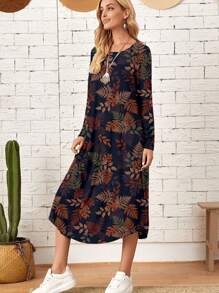 EMERY ROSE 休闲复古碎花图案针织斜口袋拱形下摆连衣裙，适合秋冬季 - 彩色 - 查看 3