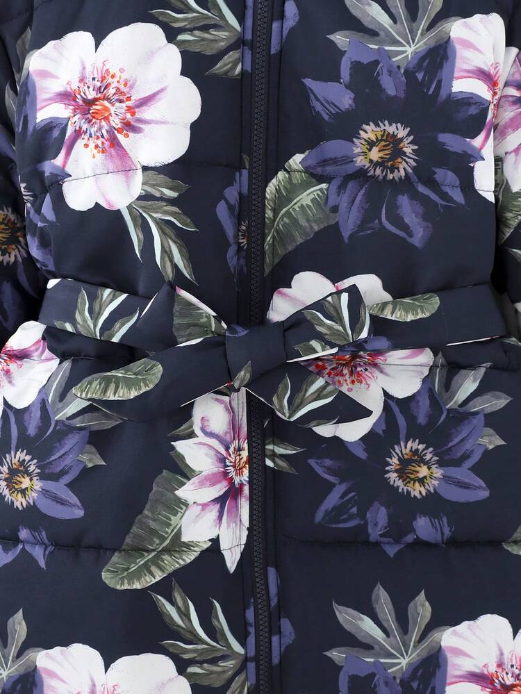 Tween Girls Loose Casual Floral Print Drawstring Hooded Thick Warm Jacket, Autumn/Winter - Blue - View 4