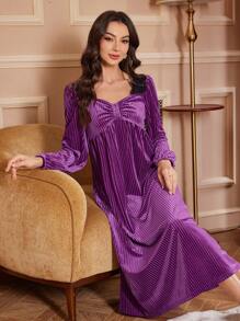 Square Neck Long Velvet Nightgown, French Palace Style - Purple - View 1