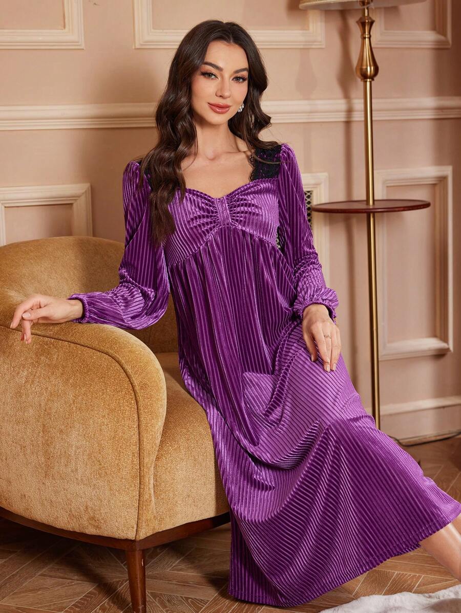 Square Neck Long Velvet Nightgown, French Palace Style - Purple - View 1