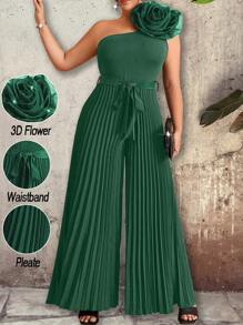 Celure 大码女式优雅纯色褶皱花卉装饰不对称肩带环连体裤，时尚设计