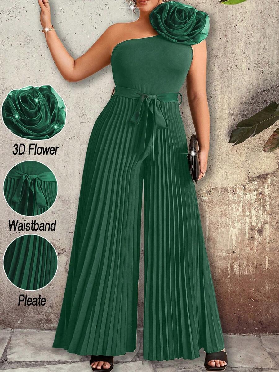 Celure 大码女式优雅纯色褶皱花卉装饰不对称肩带环连体裤，时尚设计