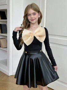 SHEIN Leap Crew Tween Girls 优雅撞色欧根纱蝴蝶结拼色正面大蝴蝶结方领长袖黑色针织 T 恤，适合秋冬、圣诞派对、学校活动 - 黑色 - 查看 8