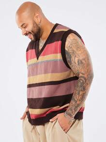 Manfinity NXTstreet Plus Size Men's Casual Striped Contrast V-Neck Loose Knit Sweater Vest