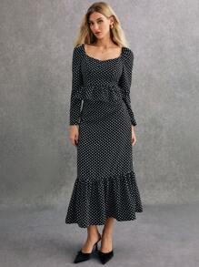 Poéselle Black And White Polka-Dot Two-Piece Set,Women Two Piece Sets,2pcs Women Autumn Elegant Polka Dot Print Ruffle Trim Top And Mini Skirt Set,Polka Dot Dress Set,Vintage Set, Effortless Chic Essential ,Elegant And Stylish, Suitable For Everyday, Street, Commute, Tea Break And Other Occasions To Wear