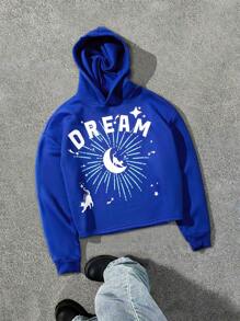Manfinity Hypemode Men's Everyday Casual Cat, Moon, Starry Sky, Letter Dream Oversized Graphic Position Printing, INS Style High-End Royal Blue Hooded Pullover Hoodie ,Fall And Winter Men Clothes - Blue - View 1