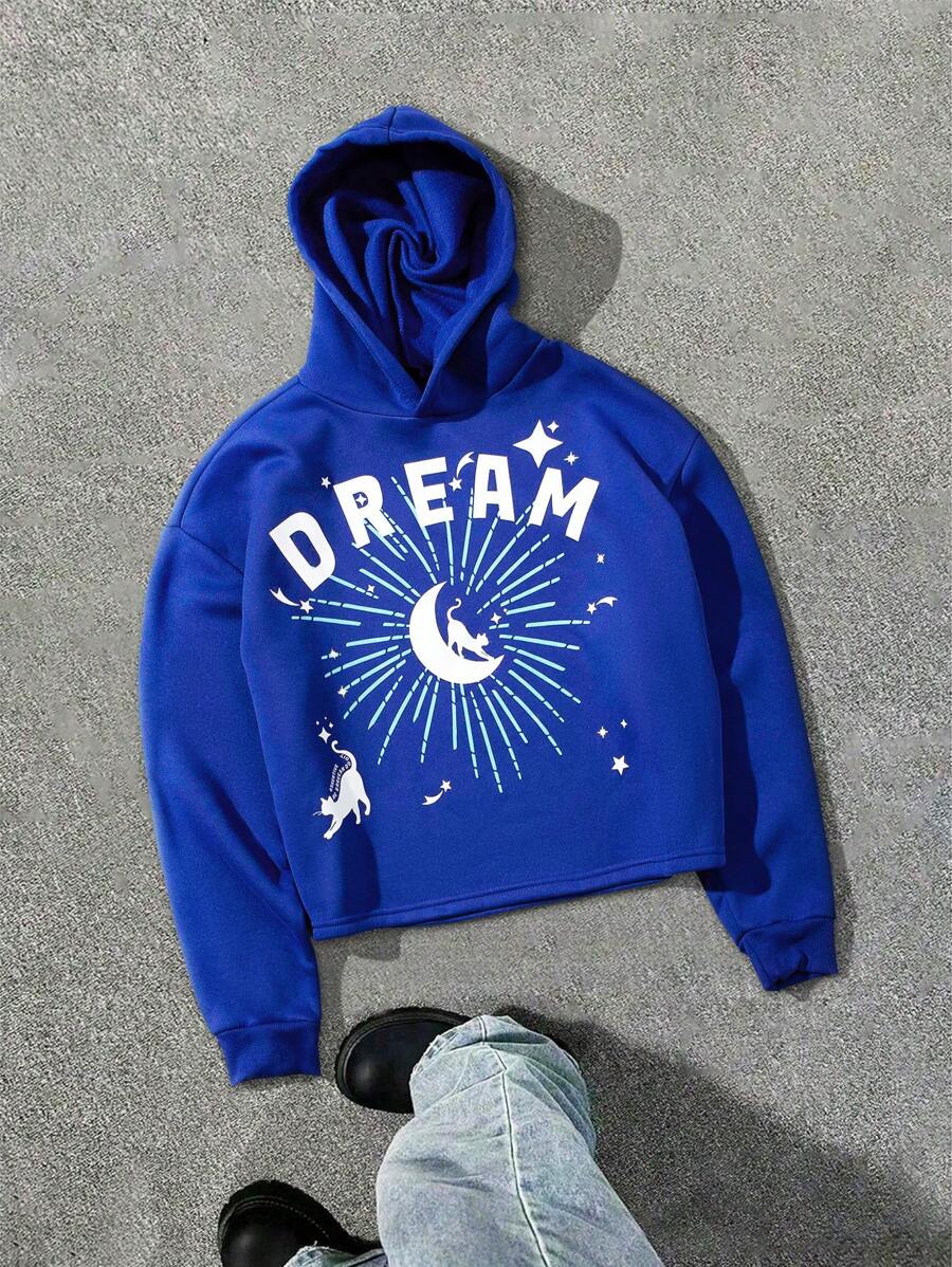 Manfinity Hypemode Men's Everyday Casual Cat, Moon, Starry Sky, Letter Dream Oversized Graphic Position Printing, INS Style High-End Royal Blue Hooded Pullover Hoodie ,Fall And Winter Men Clothes - Blue - View 1