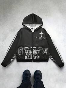 Manfinity EMRG Felpa con cappuccio casual minimalista da uomo, manica lunga, con stampa a lettere, chiusura con chiusura lampo frontale
