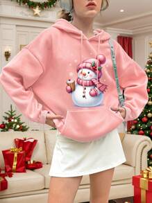 SHEIN EZwear Áo nỉ trùm đầu dài tay dệt kim họa tiết người tuyết Giáng sinh cho nữ - Màu Hồng baby - Xem 1