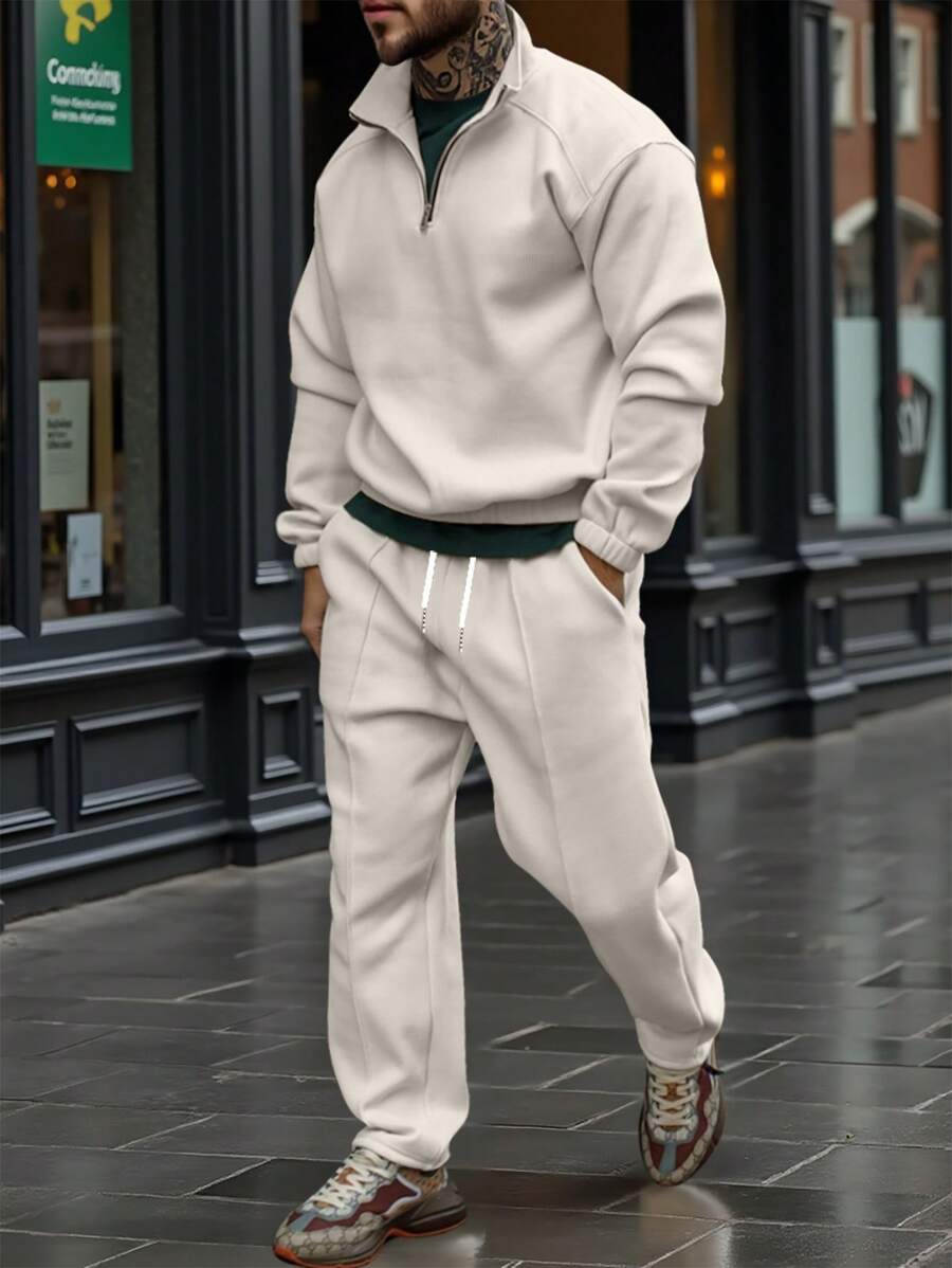 Manfinity Homme 2pcs Men Casual Everyday Zip-Up Loose Sweatshirt And Pants Set, For Autumn,Men Tracksuit,Men Two Pieces Outfits, Men Two Pieces Sweatsuit, Men 2 Pieces Outfit Set, Cream Two Pieces Set Men, Men Casual Two Pieces Set - Beige - View 1