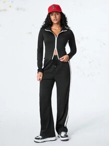 SHEIN Casual Women Zip Closure Contrast Color Jacket And Pants Suit Set - Black - View 10