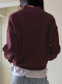 DAZY 1 件女士宽松刺绣半拉链长袖休闲毛衣，秋季女装 - 紅木色 - 查看 2