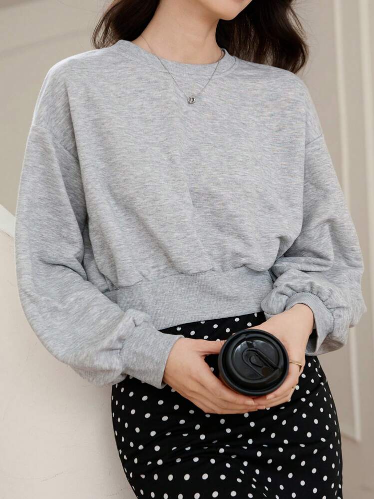 DAZY 1 pieza Sudadera holgada de cuello redondo de unicolor para mujer, de manga larga, casual para uso diario, ropa de otoño - Gris - Añade 7