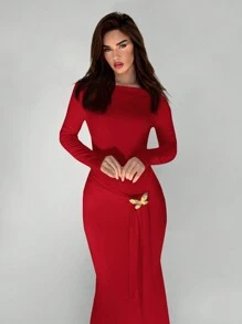 Aloruh 女士优雅露肩金属蝴蝶结装饰长裙 - 酒紅色 - 查看 3