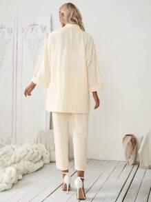 SHEIN Clasi Set de 2 piezas para mujer: Top de manga media color albaricoque con cinturón + Pantalones rectos de cintura elástica