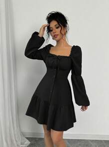 Rafferiza A-Line Square Collar Long Puff Sleeve Ruffle Hem Dress Fall Cloth For Women - Black - View 4