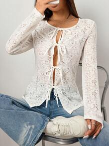 Flirla Áo cánh dài tay bó sát có chi tiết thắt nơ ren mỏng - trắng - Xem 5