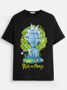 Rick and Morty X SHEIN Men's Casual Funny Cartoon & Letter Print Short Sleeve Black T-Shirt, Summer