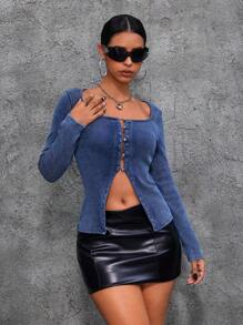 SHEIN ICON Blusa de mezclilla para mujer, estilo callejero sexy, de manga larga, ajustada y elástica, color azul