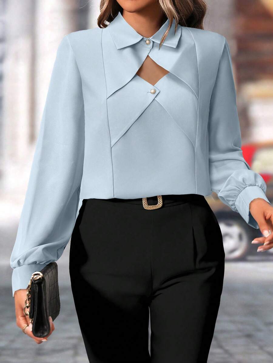 SHEIN Clasi 1 件女式纯色优雅无领长袖衬衫,秋季 - 藍色 - 查看 1