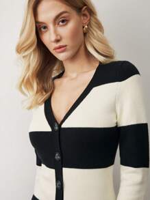 BizChic Vestido de suéter tejido a rayas blancas y negras casual y elegante para mujer, de manga larga, para usar en la oficina o de vacaciones, apto para primavera/verano - Blanco y Negro - Ver 4