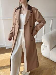 Modelyn Women Casual Contrast Color Lapel Double-Breasted Overcoat, Autumn/Winter