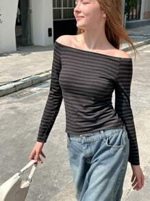 INAWLY Áo thun sọc dài tay hở vai thời trang xuân thu cho nữ - Nhiều màu - Xem 1